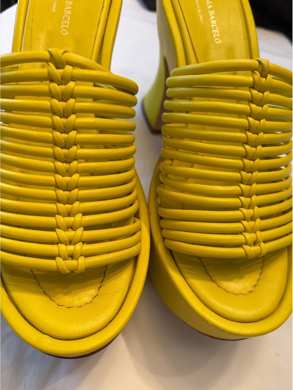 Paloma Barcelo made in Spain Yellow Woven Leather Heeled Sandals 40/9-9.5 - Picture 6 of 11